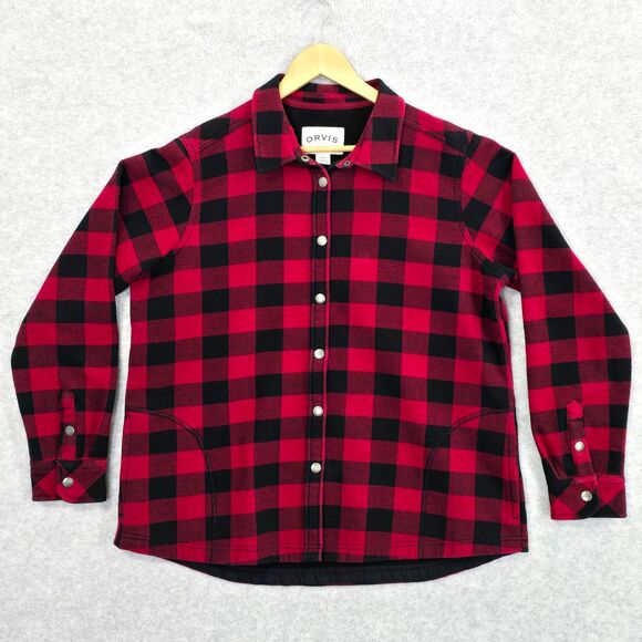 Orvis Womens XL Red Black Buffalo Check Plaid Flannel Fleece Lined Shacket Shirt - Picture 1 of 10